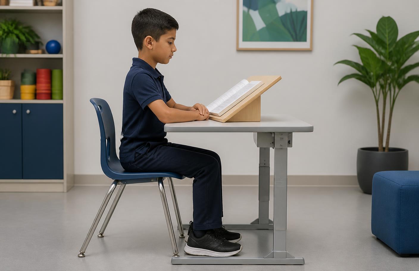 School-age student seated in neutral posture at a desk, feet flat, elbows at desk height, book on a slant board at about 40 cm