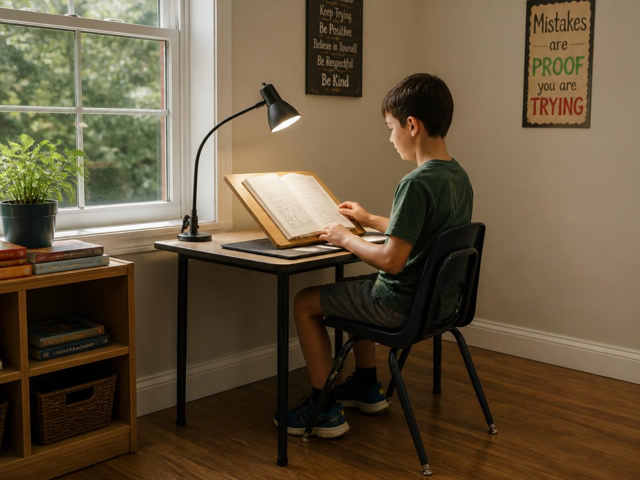 Student reading at a desk with the window to the side, a gooseneck task lamp lighting the page, a matte desk mat, and a slant board