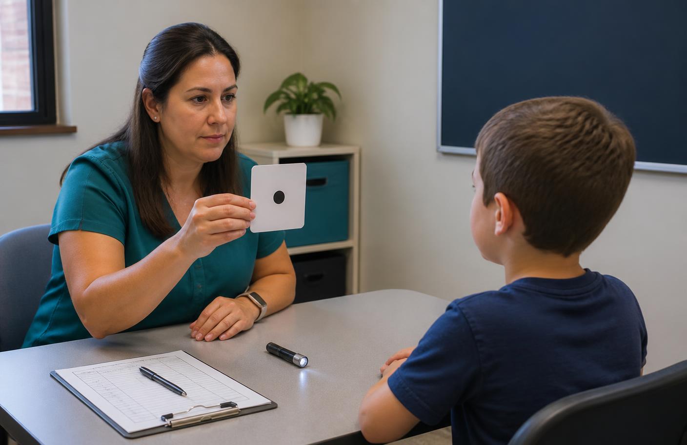 Occupational therapist seated across from a child at eye level, holding a near target while observing the child’s eyes