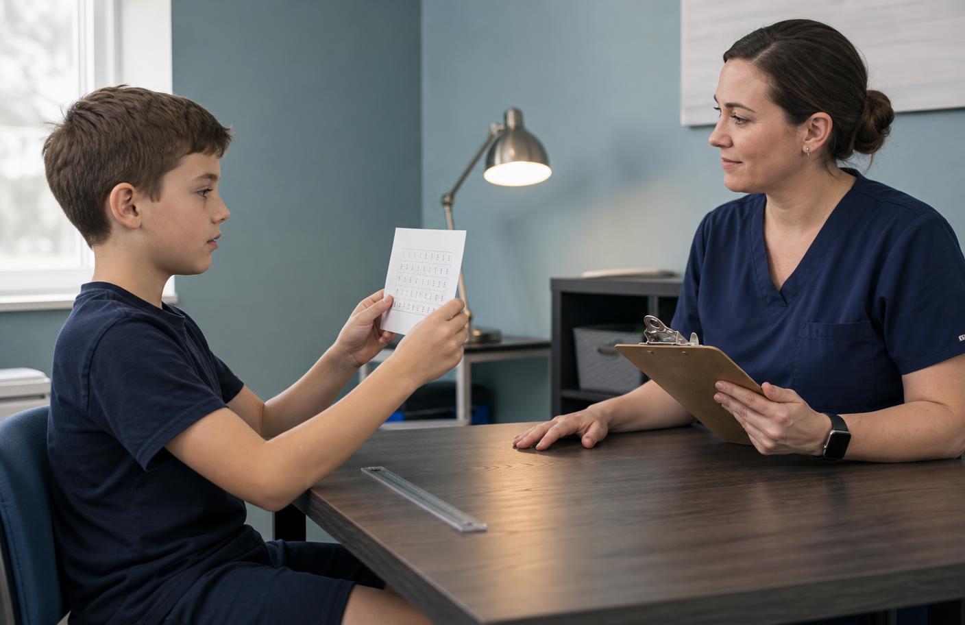 Child holding a near-point card at midline while an occupational therapist observes and records, with a ruler on the desk to verify the working distance